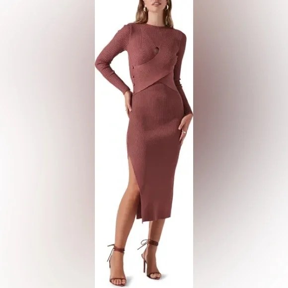 [NWT] $138 ASTR THE LABEL Cutout Ribbed Midi Sweater Dress in Grey. Small - Picture 2 of 6